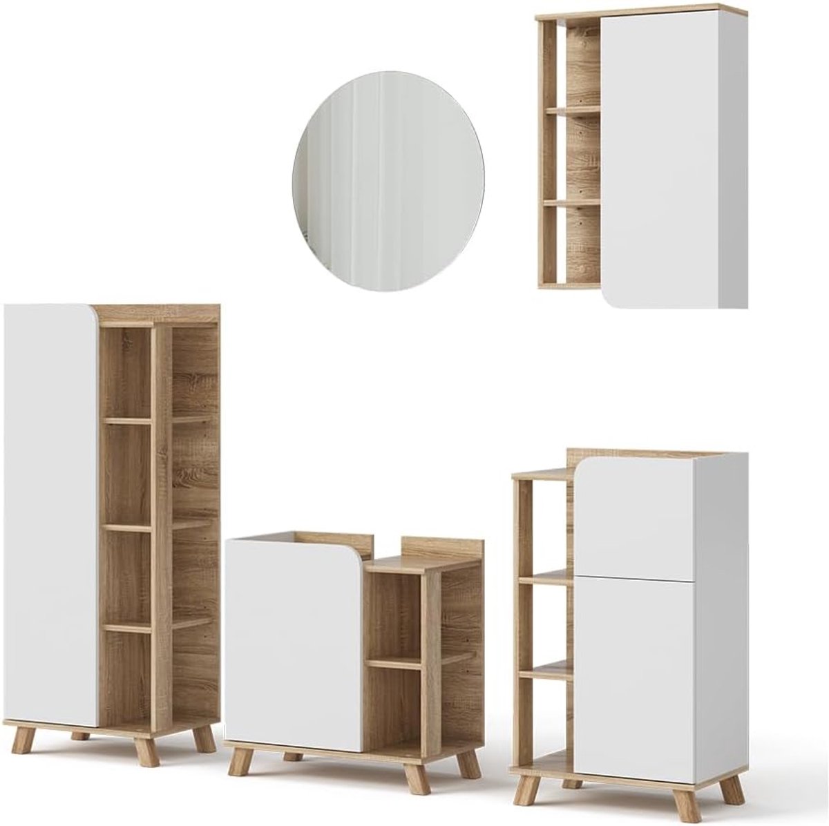 Luxe Badkamermeubel Set “Karen Deluxe” – 5-Delige Sonoma Eiken / Wit Badkamerkast Set met Spiegel, Midi Kast, Wandkast & Wastafelonderkast – Moderne Complete Badkameroplossing met Veel Opbergruimte