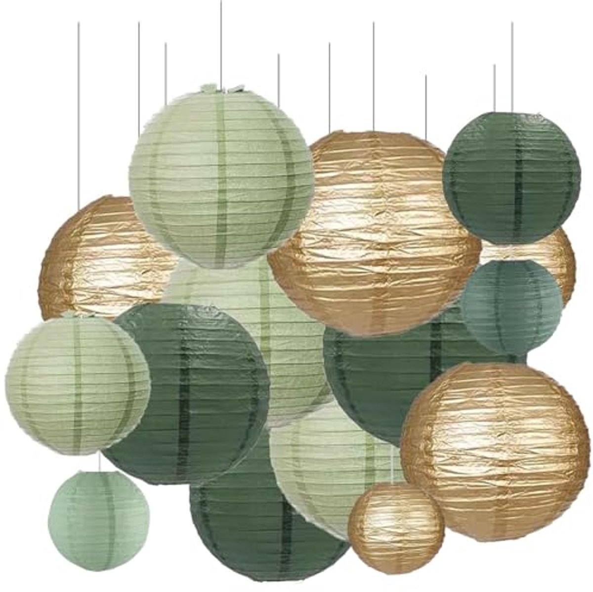Papieren Lantaarns - 21 Stuks, Hangende Decoraties voor Tuinfeesten en Bruiloften, Diameter 15 cm, Saliegroen