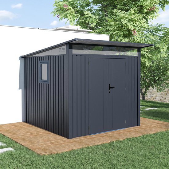 Rockford Porto 200 metalen tuinhuis met lessenaarsdak - Tuinschuur met centraal slot, polycarbonaat ramen en regenpijpen - 232 x 254 cm - Antraciet