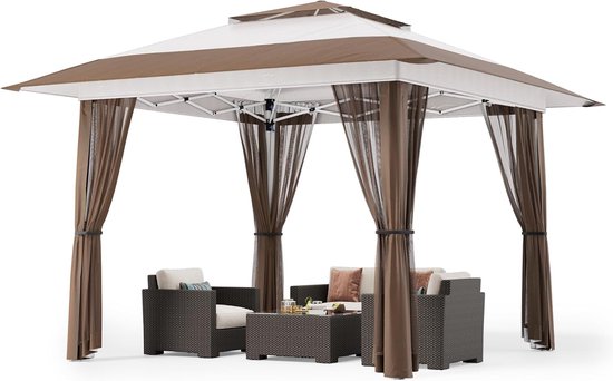 Pavillon pliant 4x4 m – Imperméable, avec moustiquaire, Protection UV et sac à roulettes inclus, beige, idéal pour Jardin, balcon ou terrasse