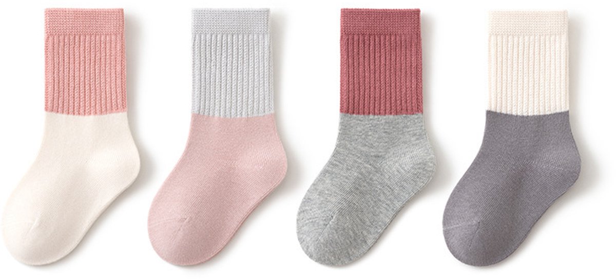 Baby- en peutersokken - Katoenen en ABS antislipsokken - Baby antislipsokken - Kniehoge cadeauset - 4 paar - Stijl B - Maat M 1-3 jaar