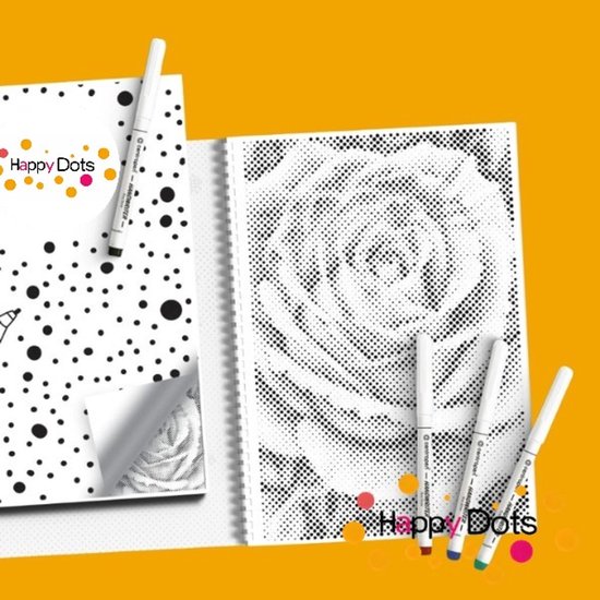 Open kleurboek met een gedetailleerde bloem in stippelkunst, met vier HANDWRITER pennen in rood, blauw en groen.