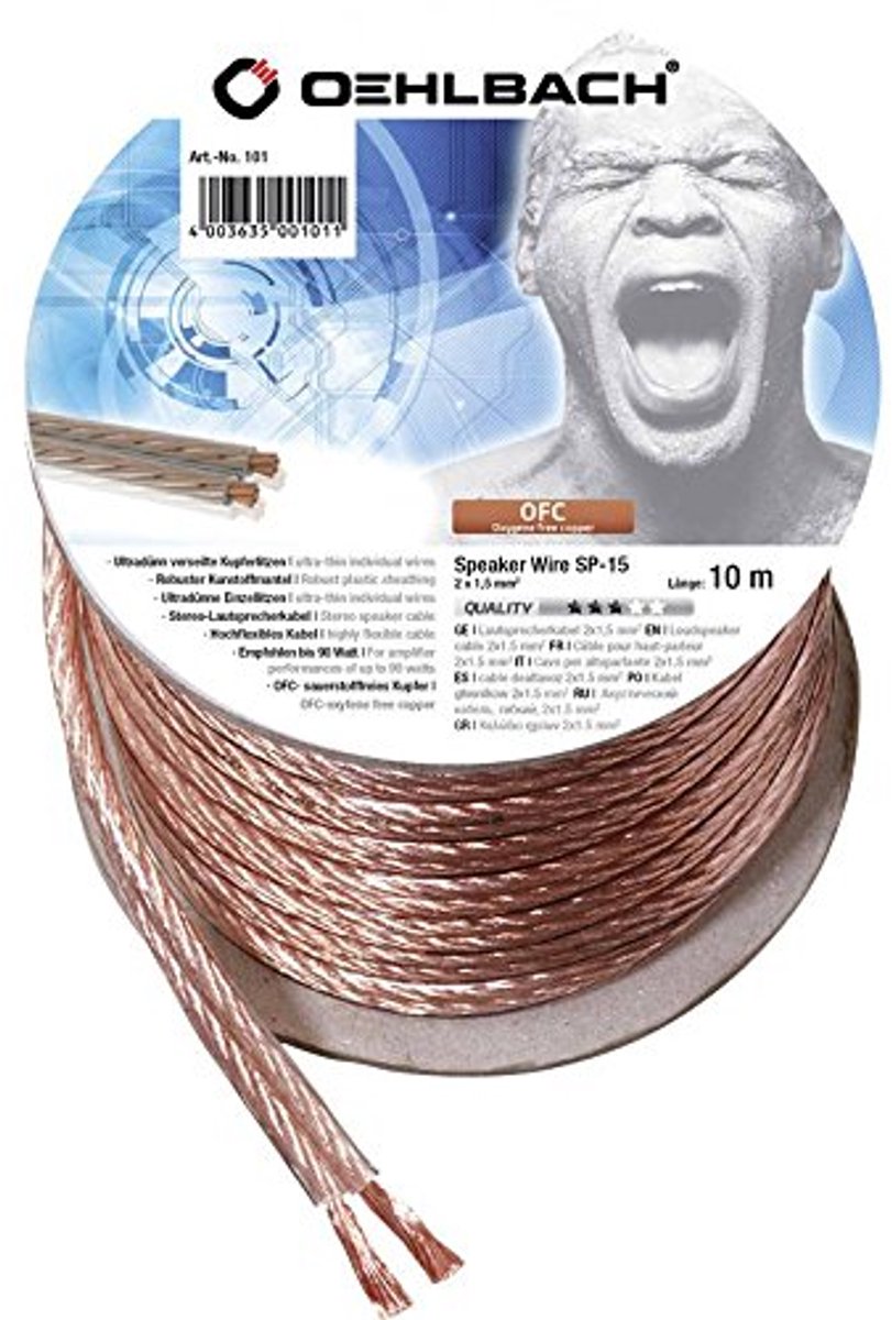 Stereo Hi-Fi Luidsprekerkabel 2 x 1,5 mm² - Zuurstofvrij Koper, 10 m, Perfecte Geluidskwaliteit