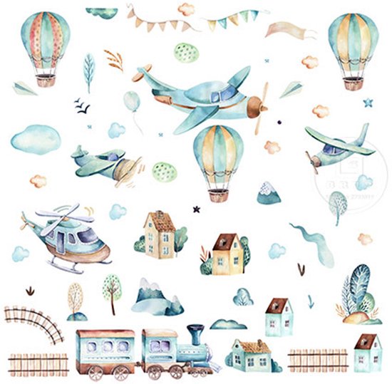 Muurstickers met aquarel-stijl afbeeldingen van vliegtuigen, luchtballonnen, huizen, een trein en wolken.