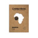 Bruine kaft van een Correctbook met uitgesneden Afrika-vorm waar witte lijntjespapier doorheen schijnt.