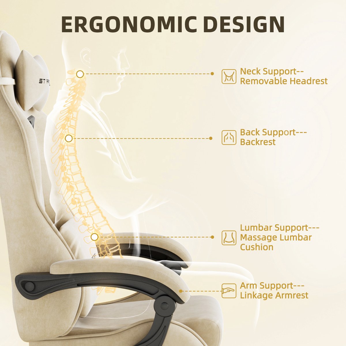 Soontrans Ergonomische Gamingstoel Met Hoofdsteun en Voetsteun Gaming Stoel Van Stof, Gamerstoel Hoogwaardige PC - Stoel Verstelbare Gaming Chair Comfortabele Gamestoel Van Stof, Ideaal Voor Gamen op Kantoor, Rijst – foto 5