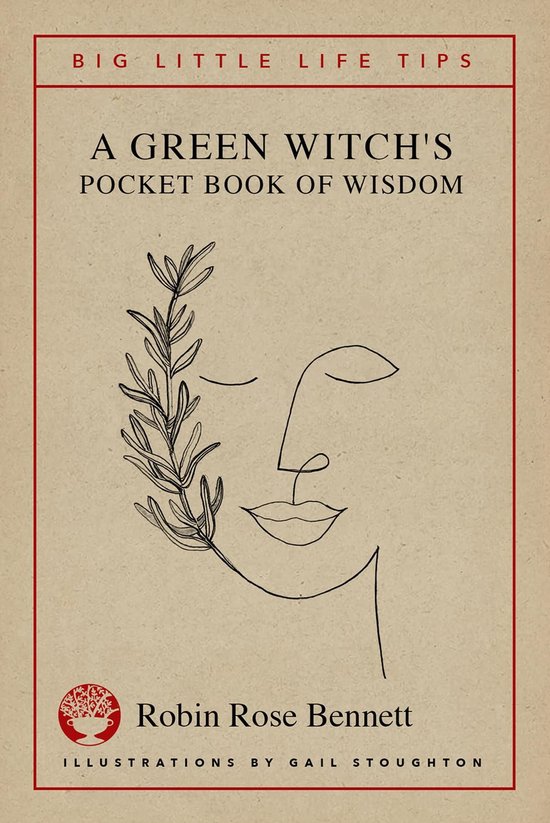 Boek kaft met een lijntekening van een gezicht en takjes. Titel: A Green Witch's Pocket Book of Wisdom.