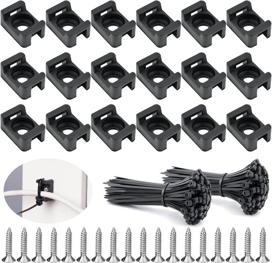 YIOVVOM 100 stuks kabelbinder zadeltype bevestiging met schroef, 100 stuks kabelbinders van 20 cm, hoge sterkte, zwarte kabel met ritssluiting, set voor draadbeheer, elektronische snoerorganisatorclip