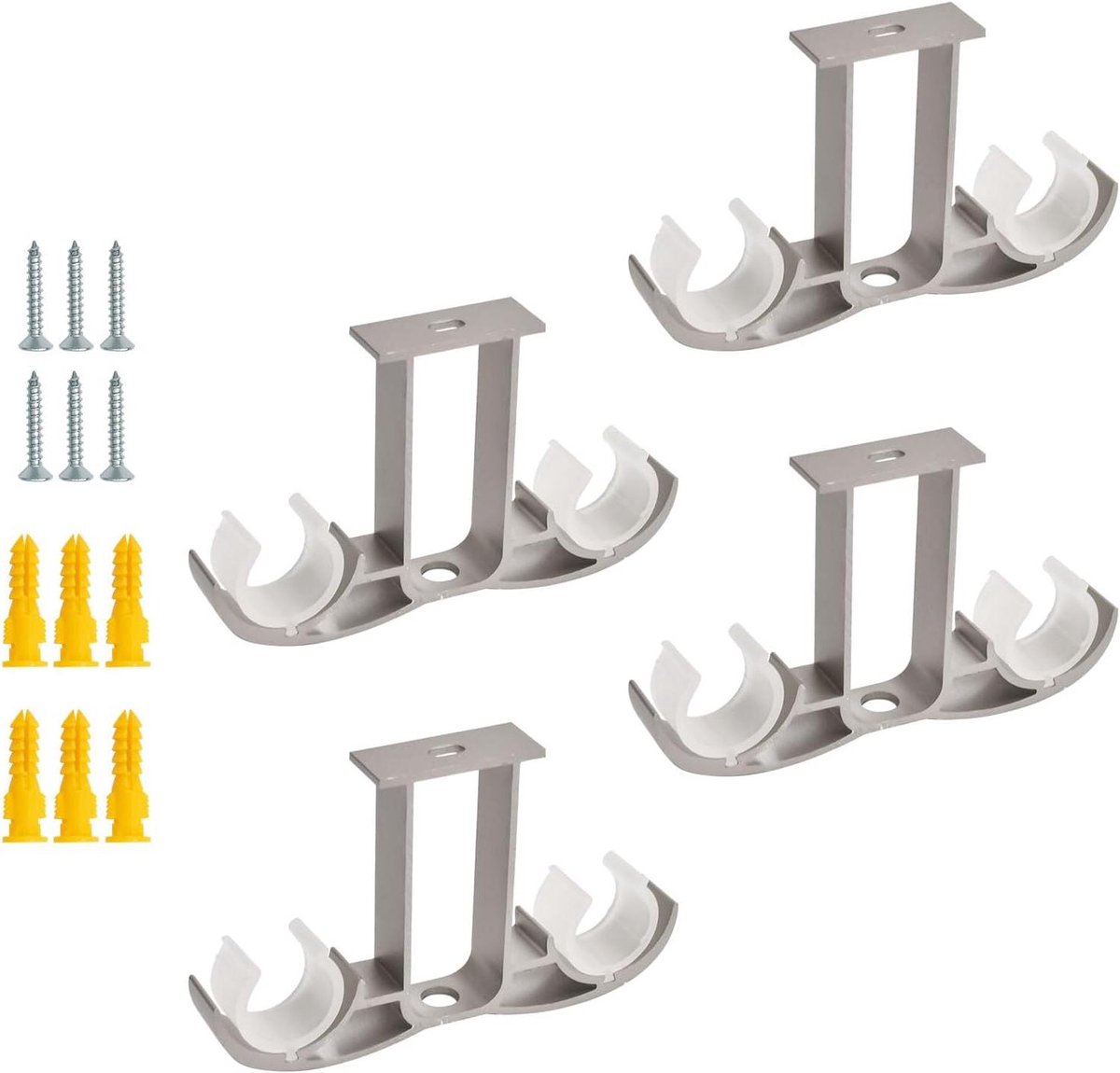 Provento - Aluminium plafondmontagebeugels voor gordijnroede - Set van 4 - Dubbele gordijnhouders - Grijs - Voor 24-30 mm raamgordijnstang