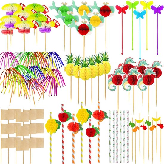 Allecto Plus - Cocktail Accessoires Set met 153 Stuks voor Drank, Herbruikbare Party Decoraties, Paraplu's en Strojes, Sparklers voor Verjaardag, Bruiloft, Beach en Hawaiian Party.