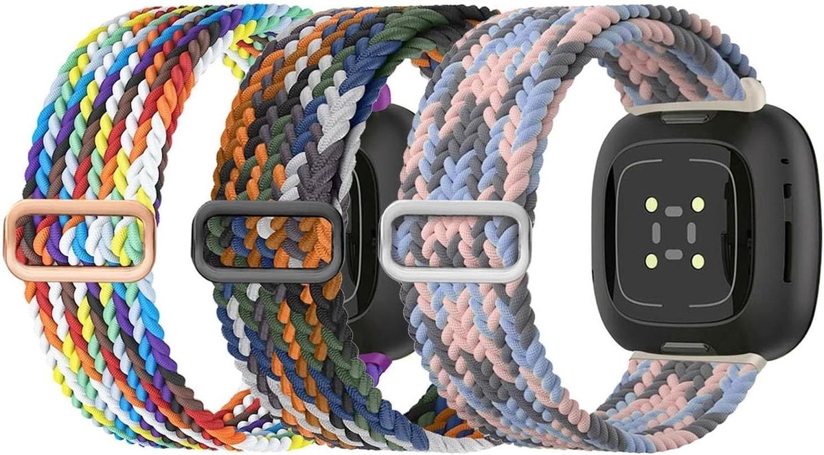 Allecto Plus - Sportieve elastische nylon armband voor Fitbit Versa 4, Versa 3, en Sense 2 - Set van 3 - Verstelbaar en rekbaar