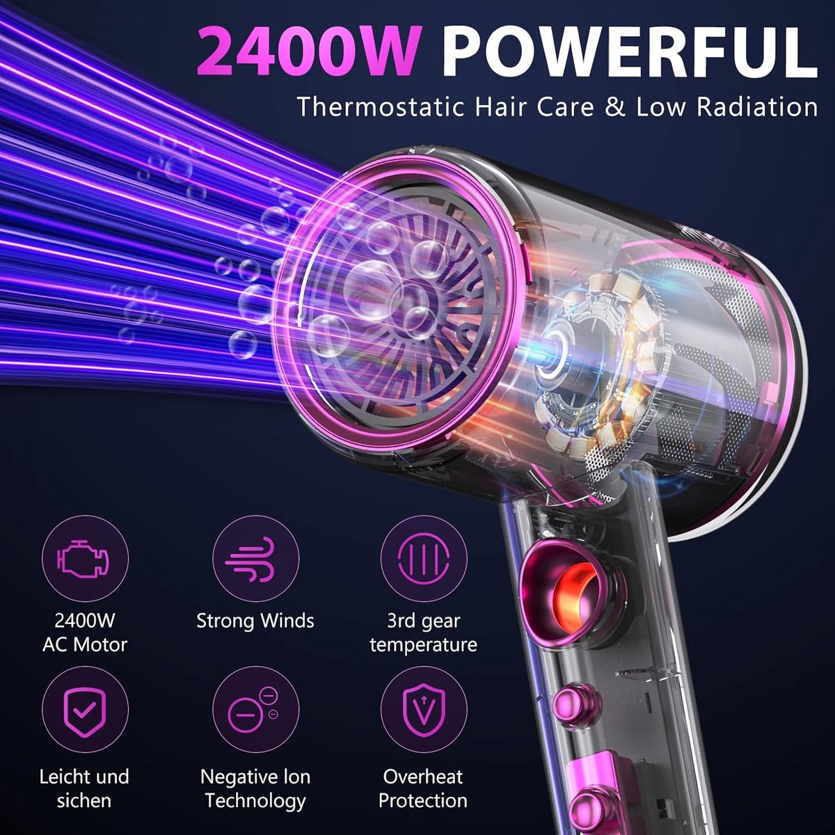 Professionele Haardroger 2400W Ionische Technologie - afbeelding 2