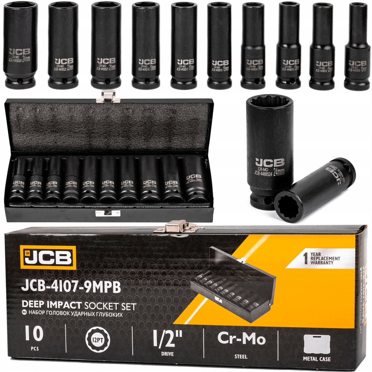 JCB Slagdoppenset 1/2" 10-24mm 12-kant diep 10-delig Cr-Mo