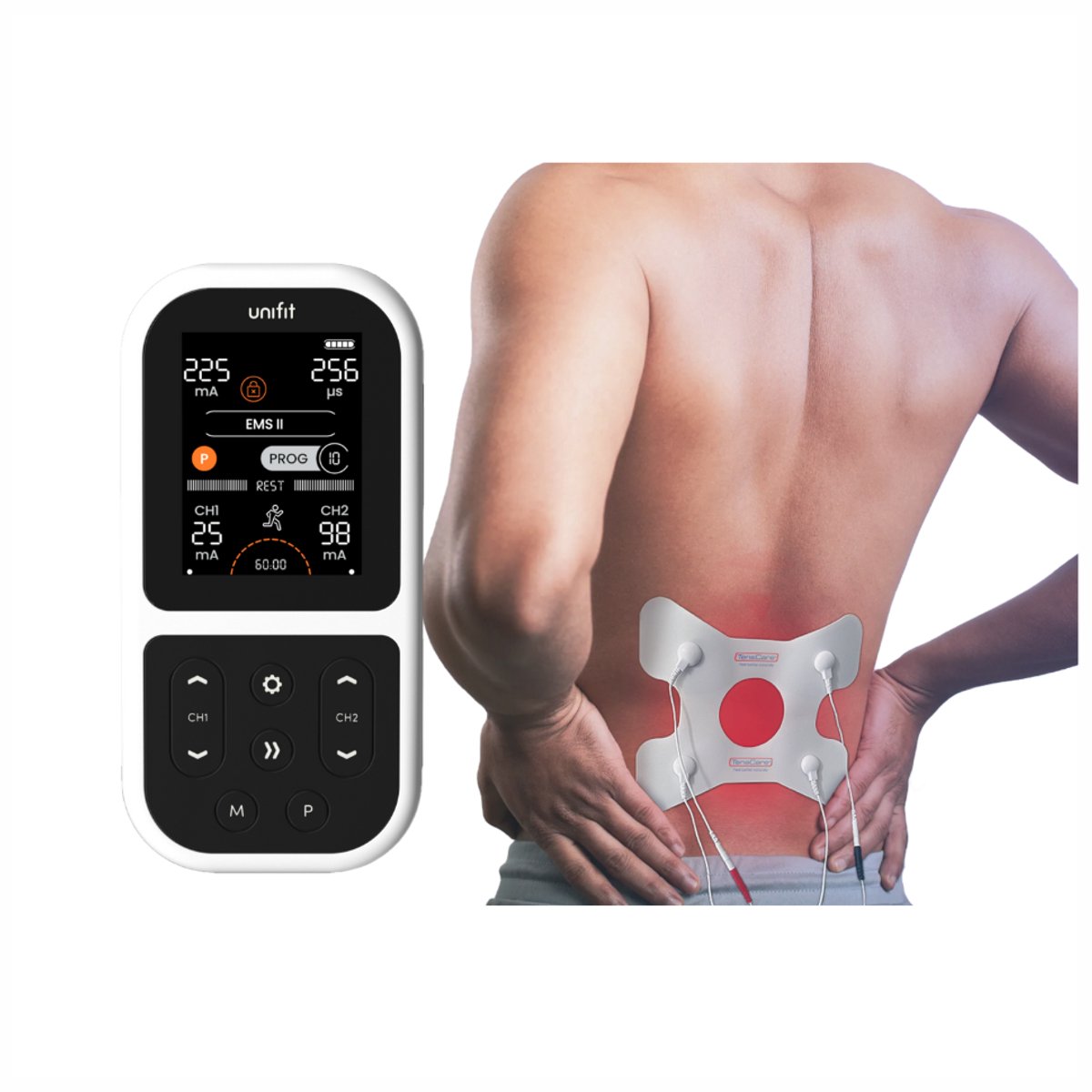 TensCare – Rugpijn elektrode TENS/EMS + Unifit TENS/EMS Apparaat – Complete pijnverlichtingsset voor rugpijn – Zelfklevende gelpads – Voor rugklachten verlichting
