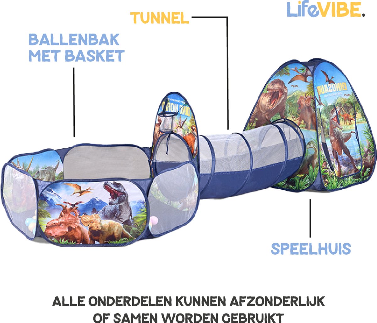 LifeVibe® Speeltent met Tunnel Dinosaurus Thema - Kruiptunnel - Kindertent - Binnen en Buiten - Pop Up Tent - Dino — afbeelding 2