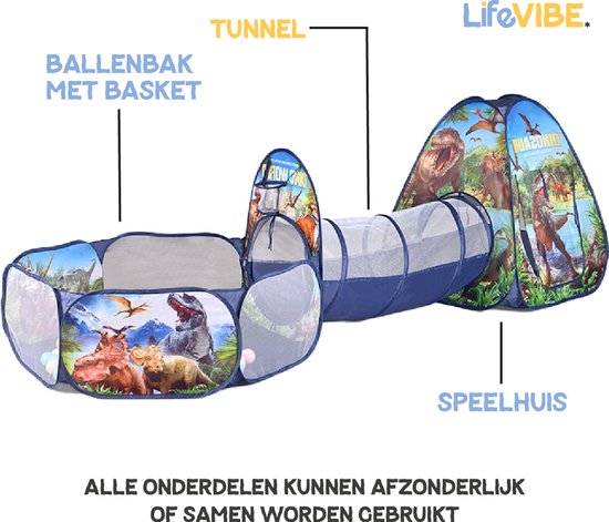LifeVibe® Speeltent met Tunnel Dinosaurus Thema - Kruiptunnel - Kindertent - Binnen en Buiten - Pop Up Tent - Dino — afbeelding 2
