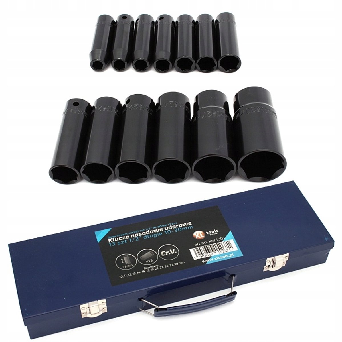 Krachtdoppenset 1/2" 10-30 mm 13-delig XL - 78 mm lengte