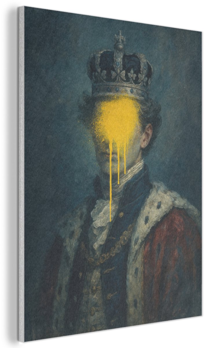 Akoestisch wandpaneel 50x70 cm - Vilt schilderij Koning - Portret - Druipende gele verf - Akoestische panelen - Geluidsdempende wanddecoratie - Geluidsisolatie woonkamer - Muurdecoratie geluidspanelen