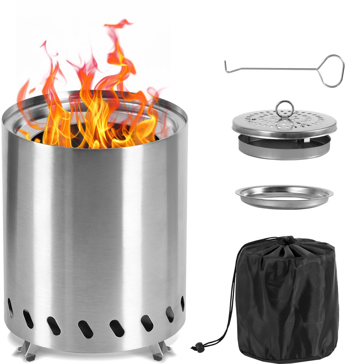 Rookvrije vuurschaal van roestvrij staal met draagtas en grill,ideaal voor buitenactiviteiten