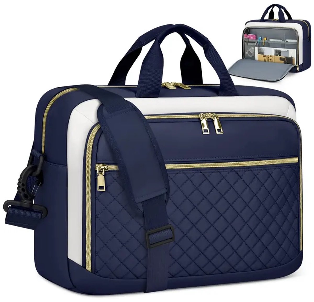 Elegante Laptoptas Dames 17 inch – Blauw Wit – Feestdagen - Vaderdag - Moederdag - Verjaardag - Lichtgewicht & Duurzaam Polyester – Verstelbare/Afneembare Schouderriem – Meerdere Vakken – Zakelijk, Kantoor & Studie – Sjtoer - Met Gouden Accenten