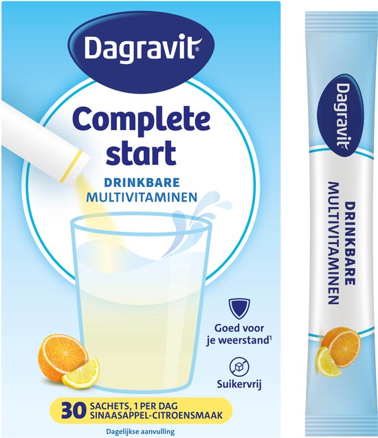 Foto: Dagravit complete start drinkbare multivitaminen goed voor de weerstand suikervrij voor een gezond genietmomentje sinaasappel citroensmaak 30 sachets