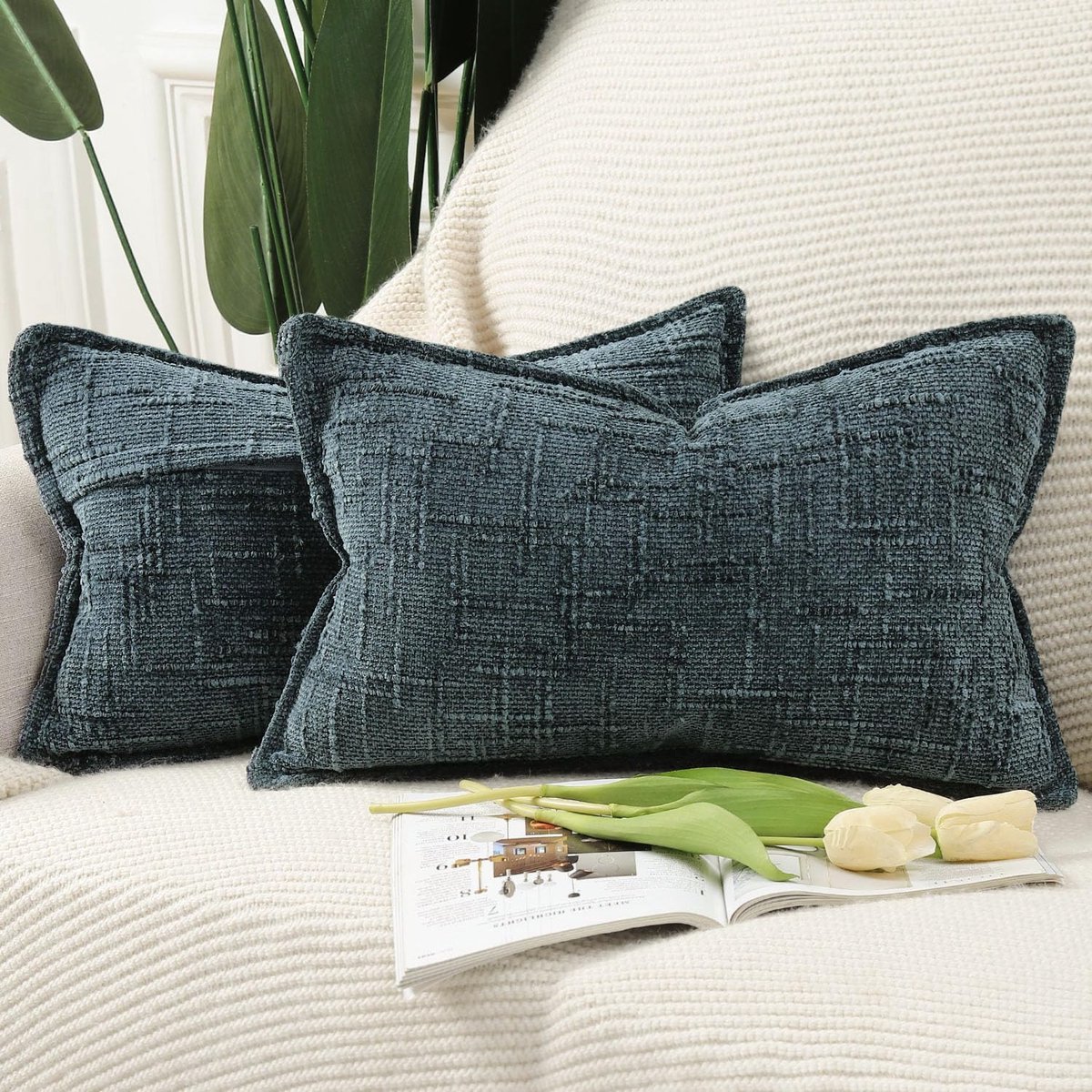 Azomor® Set van twee decoratieve chenille kussenhoezen in grijsblauw voor modern interieur