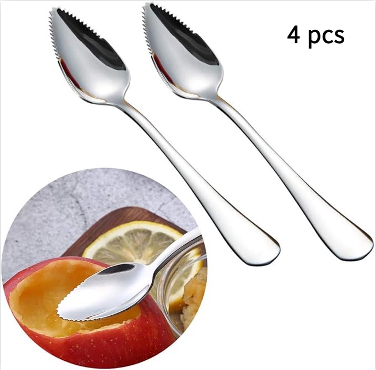 RVS Grapefruitlepels, 4-pack, Dessertlepels, RVS Lepels voor Appels, Kiwi's, Papaja's, Sinaasappels en IJs (Zilver)