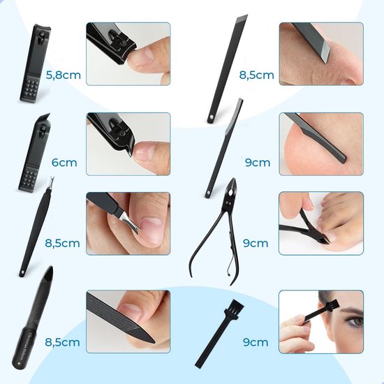 Close-ups van diverse zwarte nagelverzorgingstools met afmetingen, waaronder nagelknippers, pincetten, scharen en een vijl.