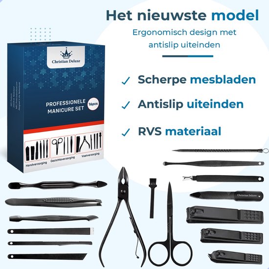 Een 16-delige manicure set van Christian Deluxe, met een blauwe doos en diverse zwarte tools, inclusief de tekst 'Professionele Manicure Set'.