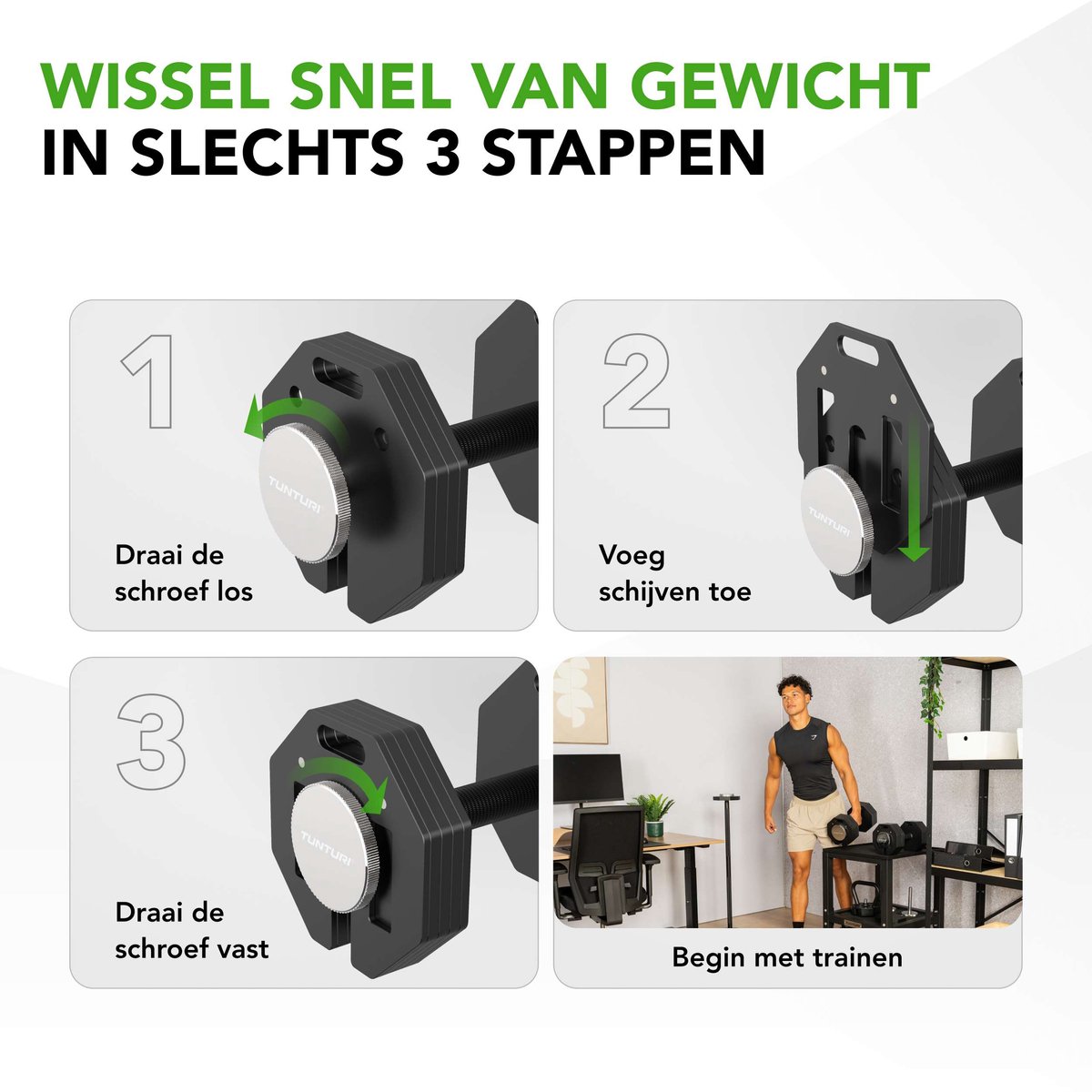 Tunturi Rapid Adjustable Dumbbell - Enkele dumbbellset van 20kg - Verstelbaar van 4 t/m 20 kg - 9 dumbels in één - Gewichtenset voor home gym – foto 3
