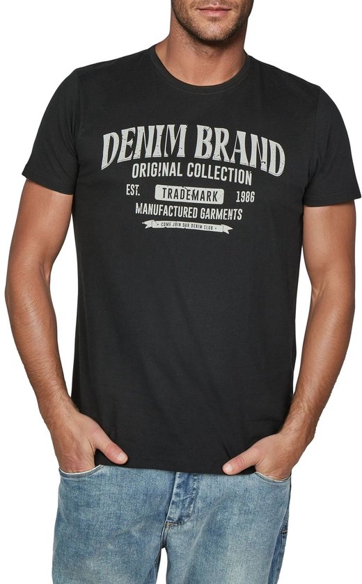 Zwart T-shirt voor heren met opdruk "DENIM BRAND ORIGINAL COLLECTION EST. TRADEMARK 1986 MANUFACTURED GARMENTS"