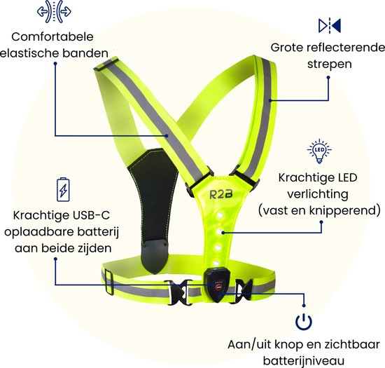 R2B Hardloopvest met Verlichting Voor- en Achterkant - USB-C Oplaadbaar - Wandel & Hardloop Verlichting - Reflecterend Running Vest - Hardloopvest Oplaadbaar - Loopvest Dames & Heren - Neongeel