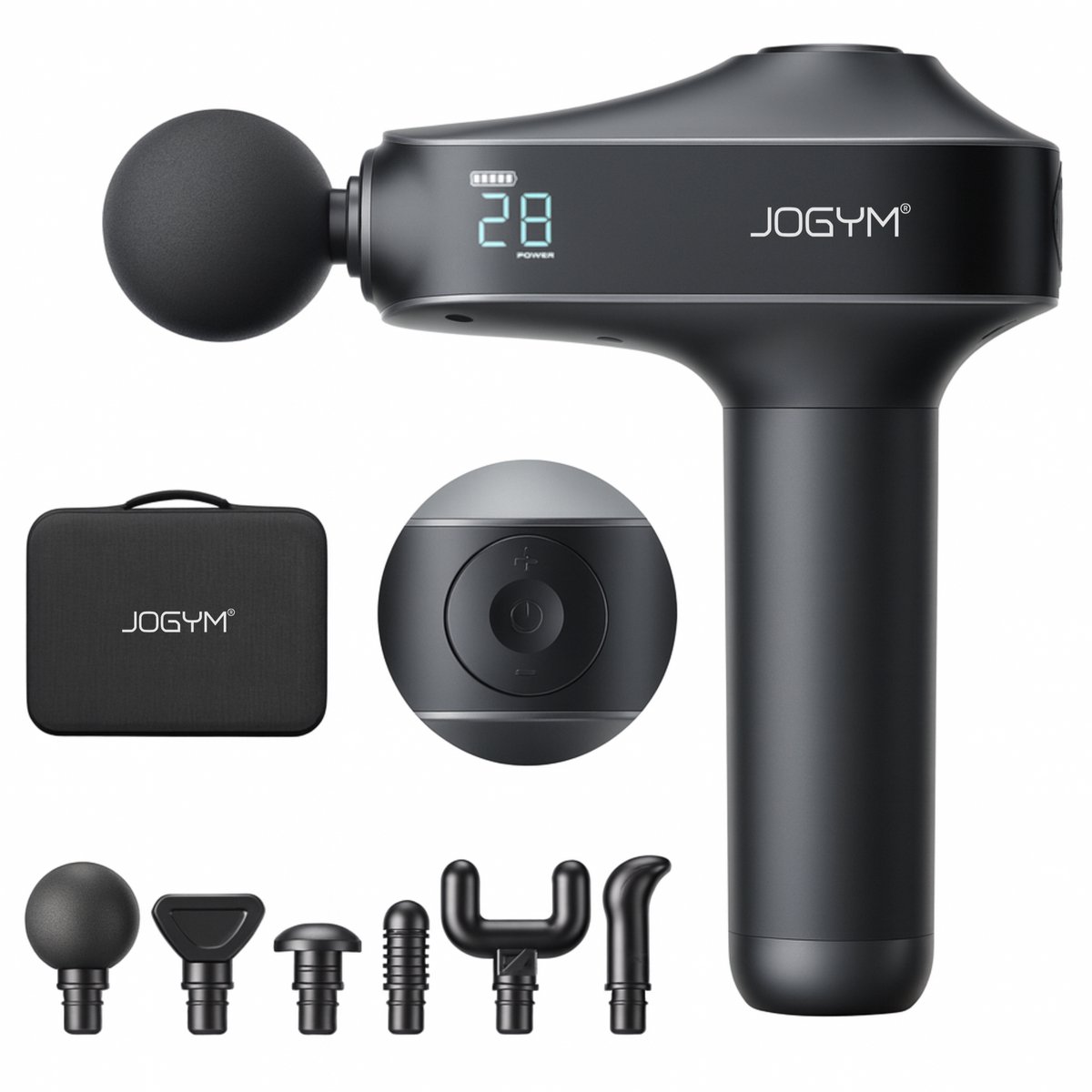 JOGYM® - Massage Gun – Premium Massage Apparaat 2025 Model – 6 Opzetstukken - Professioneel Massage gun - 30 Standen – LCD – Extra Stil En Krachtig – Inclusief Luxe Opberg Tas