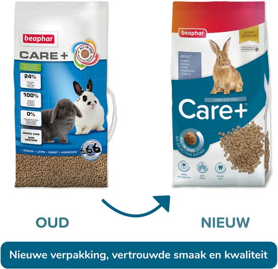 Oude en nieuwe verpakking van Beaphar Care+ konijnenvoer.