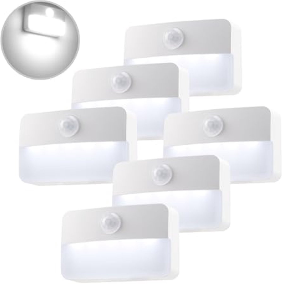 Nachtlampje met Bewegingsmelder - Led Trapverlichting voor Binnen - 6 Stuks - Warmwit 6000K - Sensorlicht voor Hal, Slaapkamer, en Keuken