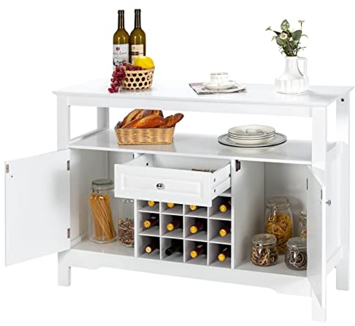 Moderne Keukenkast met Wijnrek en Lade - Wit, 116 x 40 x 82 cm, Dressoir voor Eetkamer