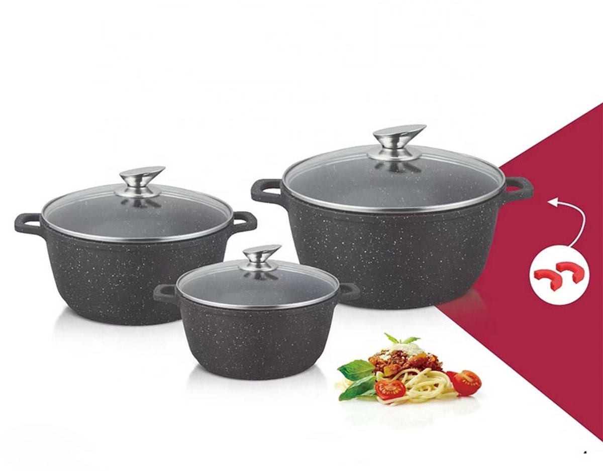 3-delige Casserole Pannenset (36, 40 & 44 cm) – Geschikt voor Inductie & Gas – Aluminium Kookpannen met Marmeren Non-Stick Coating – Inclusief Glasdeksels – Luxe Design – Grijs – Noorafshan (NA)