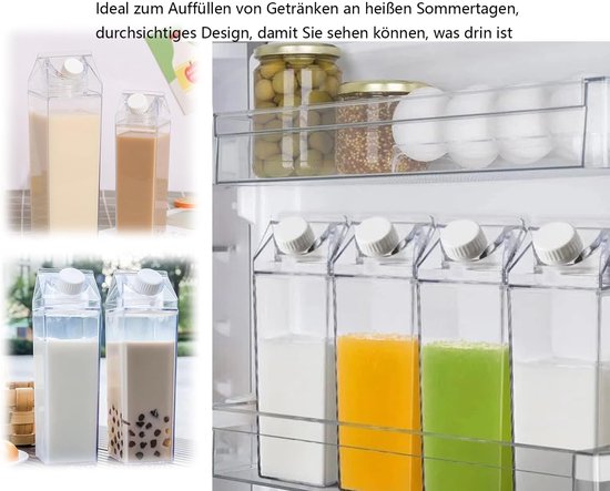 Pack of 2 transparante melkdozen - waterfles - herbruikbare melkcarton met bekertje en borstel - voor het opslaan van drankjes - picknicks - kamperen - melk - sinaasappelsap - bier in de koelkast - 1 liter — afbeelding 3