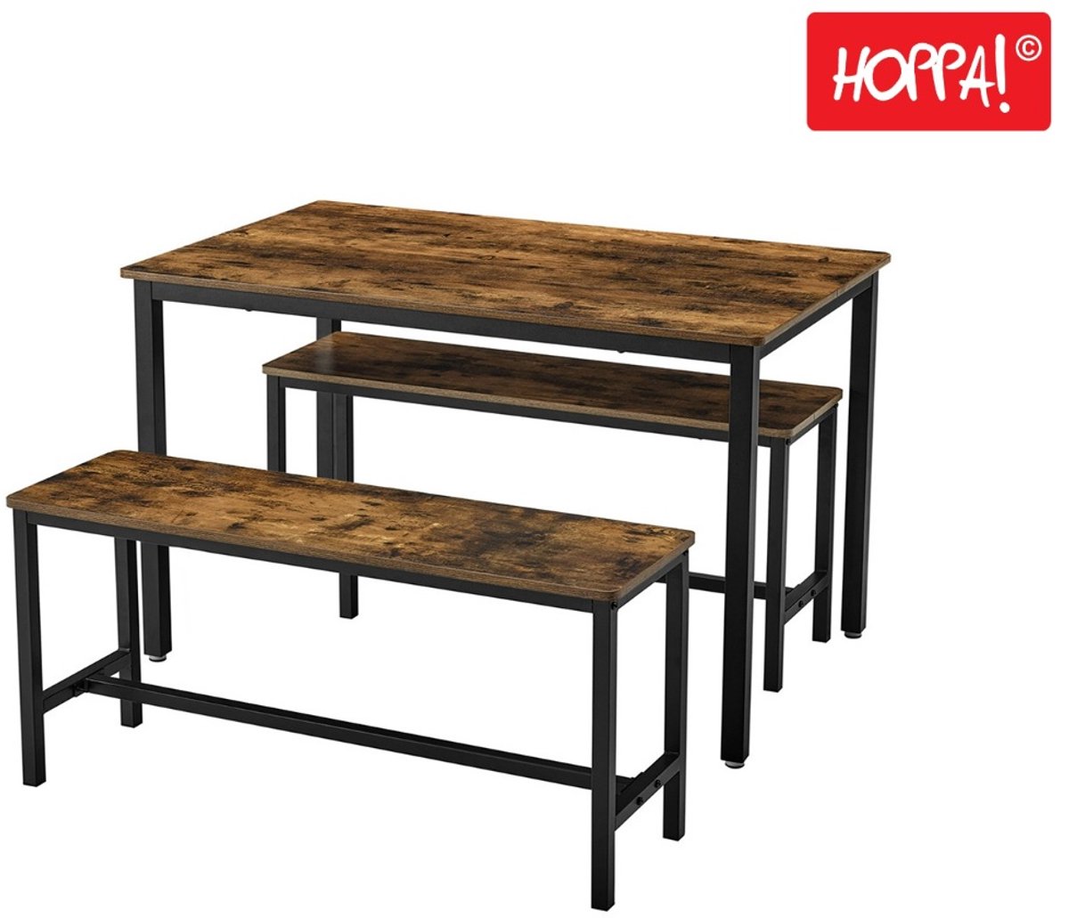 Hoppa! Eettafel Set | Vintage Bruin/Zwart | Industrieel Ontwerp | Tafel van 110 x 70 x 75 cm | 2 Banken van 79 x 30 x 50 cm (B x D x H)