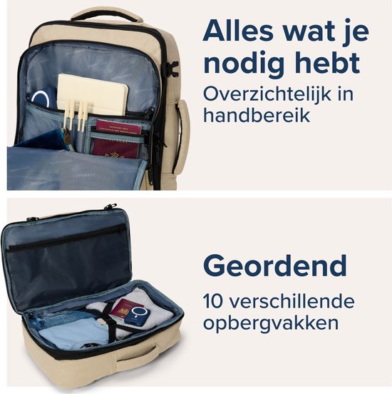 Interieur van de beige rugzak met paspoort en vakken, 'Alles wat je nodig hebt' en 'Geordend' tekst.