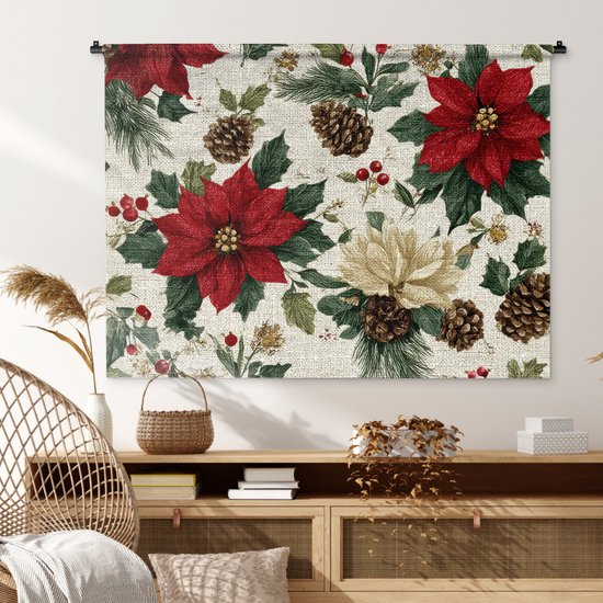 Wandkleed 120x90 cm - Wanddoek Feestelijk - Textielpatroon - Kerstbloemen - Kleurrijk - Wandtapijt - Wandkleden
