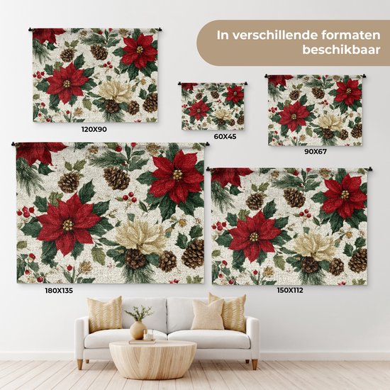 Wandkleed 120x90 cm - Wanddoek Feestelijk - Textielpatroon - Kerstbloemen - Kleurrijk - Wandtapijt - Wandkleden