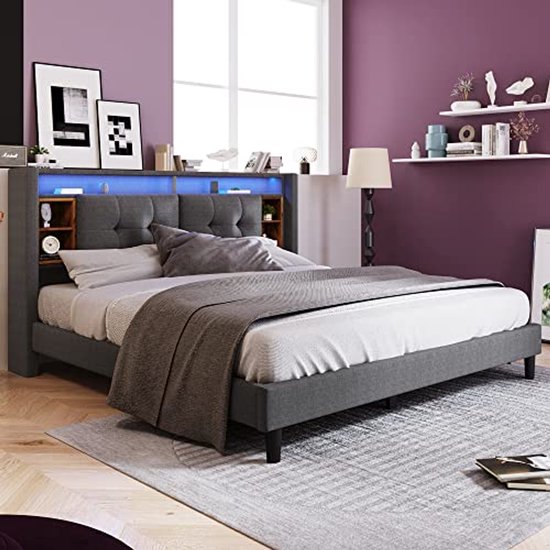 2 Persoons Bed 140x200 Met LED Verlichting En Opbergruimte - Grijs Linnen Gaslift Bedframe
