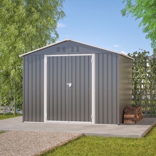 Abri de jardin en métal gris Pugsdrly 8 x 6 pi avec porte à charnière, anthracite - Idéal pour ranger les outils et équipements de jardin