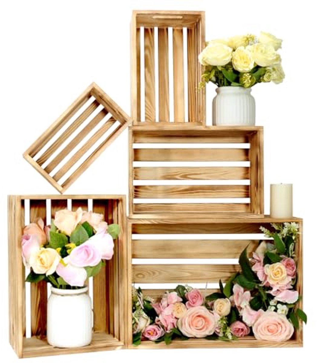 Decoratieve houten kratten set van 5 - Rustieke opslag & decoratie oplossingen voor huis