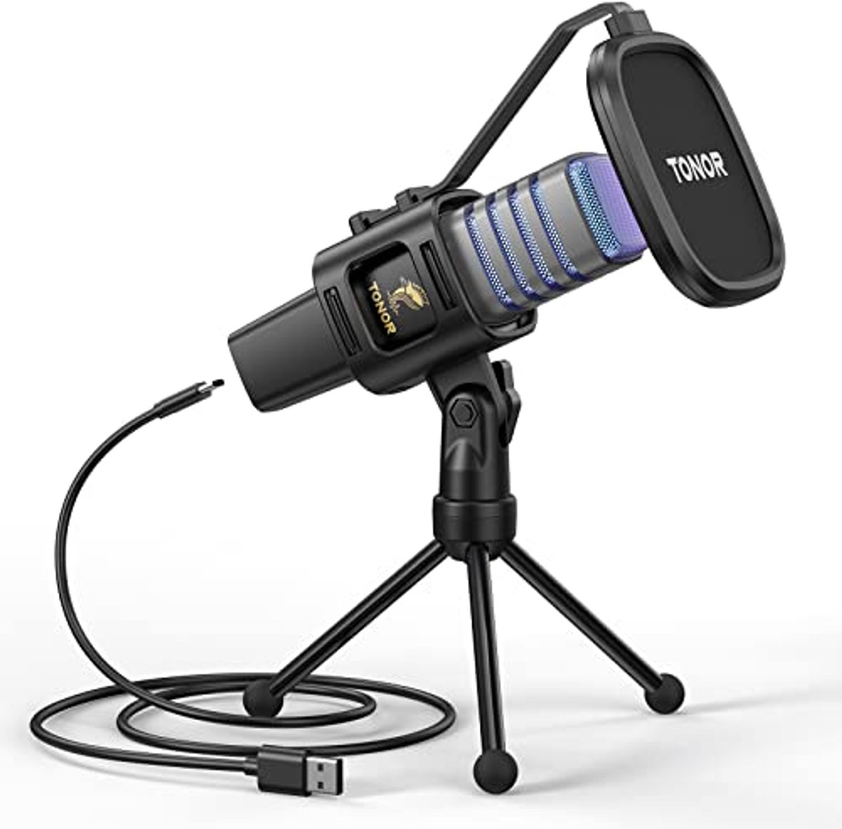 RGB USB Microfoon met Statief en Popfilter, Cardioïde Condensator Microfoon voor Gaming, Streaming en Podcasting