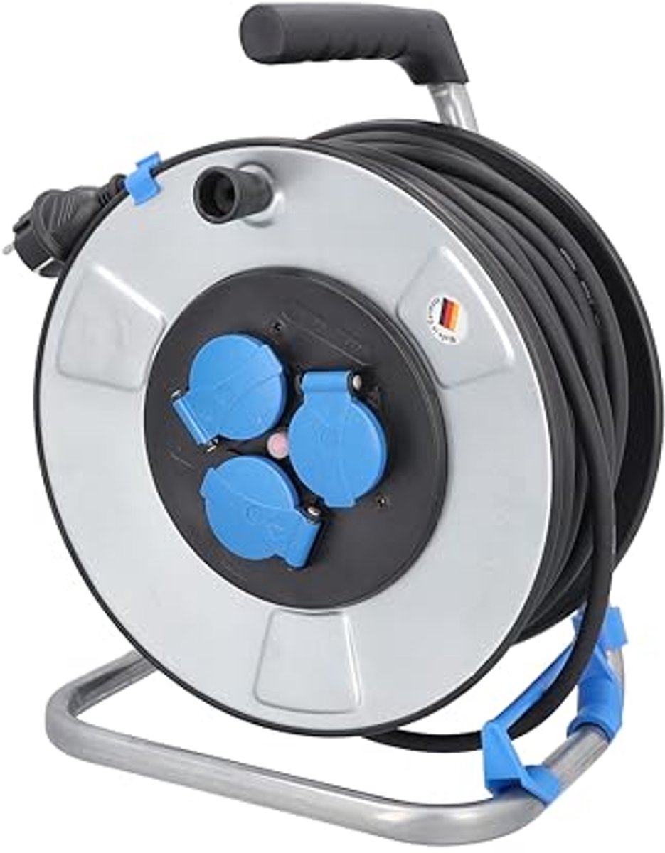 Metallkabeltrommel 25m met 3 Veiligheidsdoppen 230V 16A H07RN-F 3G2,5 IP44 - Voor Bouw en Tuin