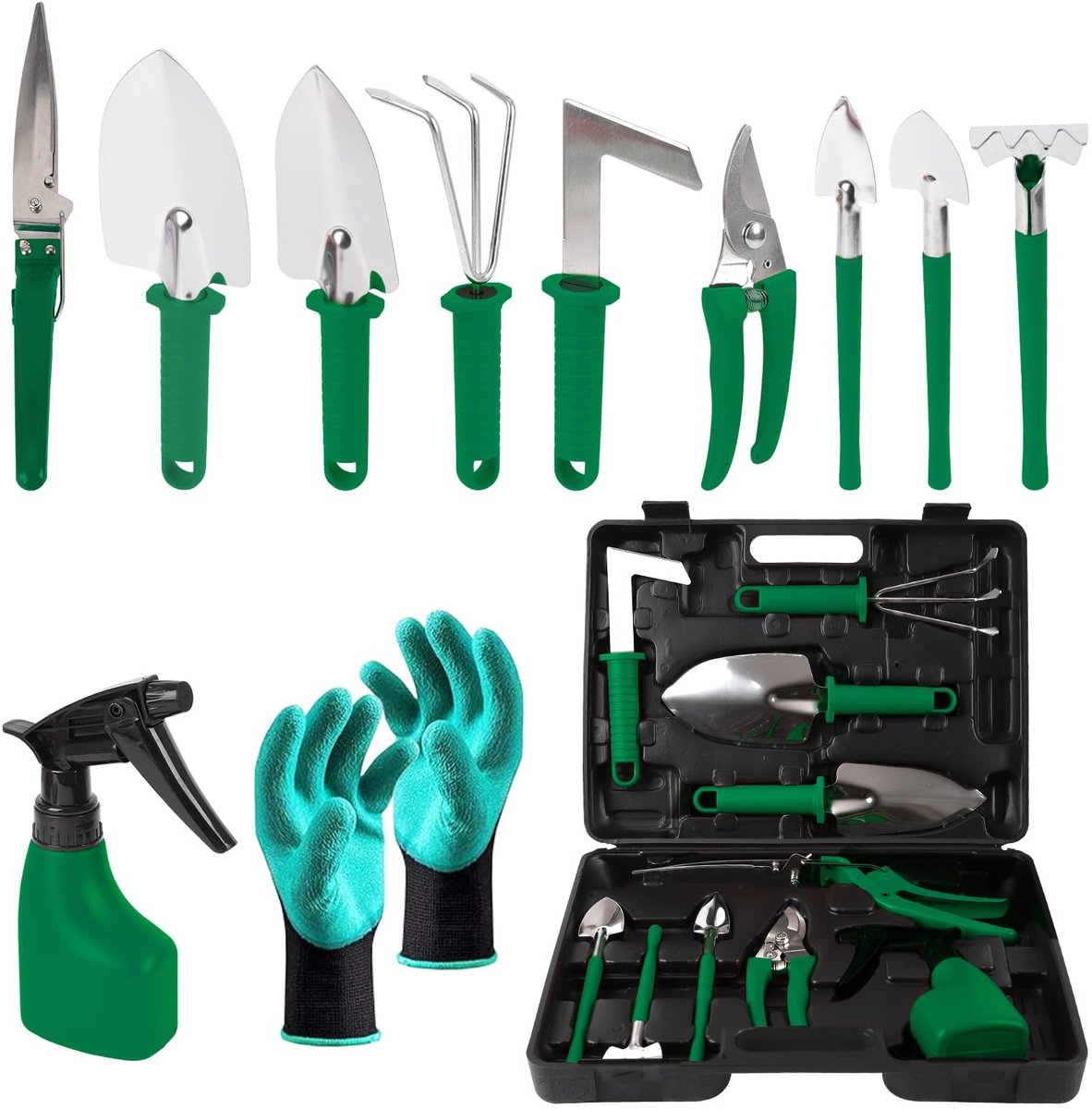 11-delige Tuinset - Met draagtas en handschoenen - Voor graven, planten en snoeien - Groen