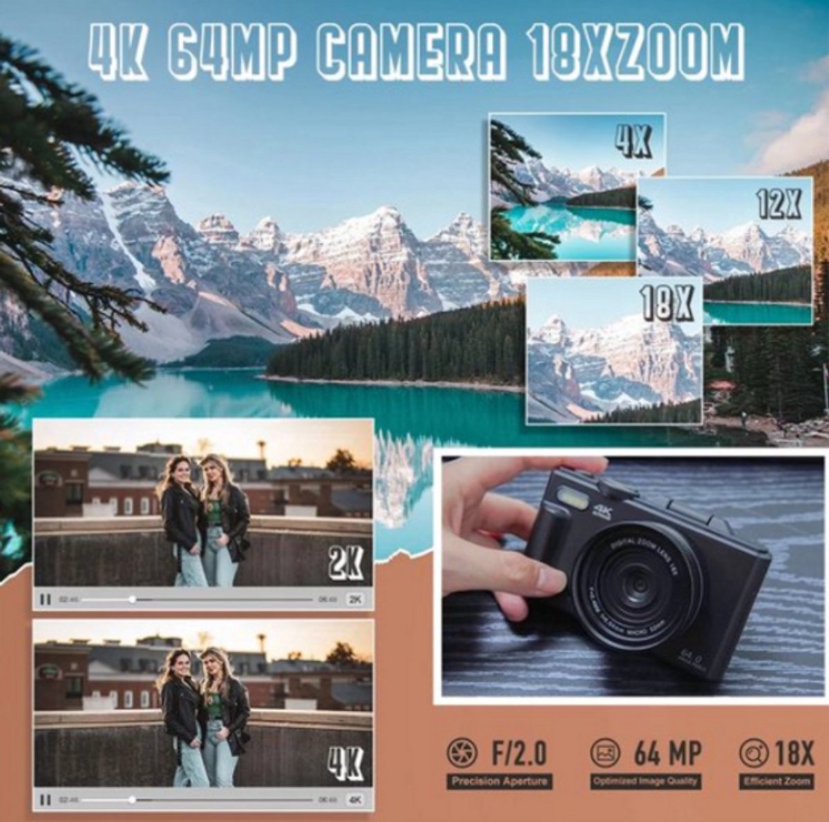 rimmo 4K Digitale Camera met 18X Zoom - 64MP Compacte Fotocamera met 3'' 180° Flip Scherm en Flitser - Inclusief 128GB Geheugenkaart thumbnail 4