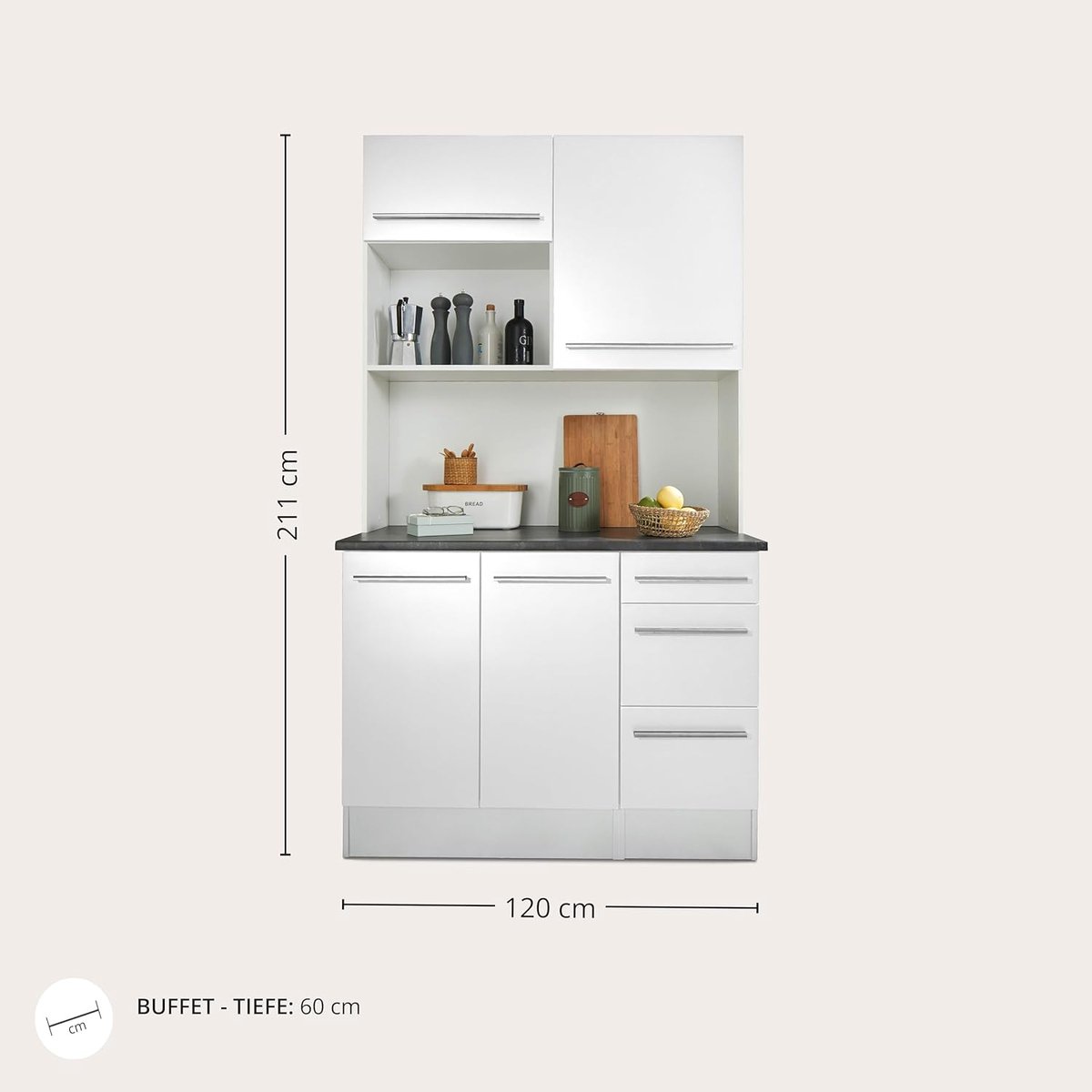 Moderne hoogglans witte en metallic grijze keukenbuffetkast met werkblad, verstelbare planken, ruime opbergruimte, lades en verlicht vak - 150 x 211 x 60 cm - Meda Home Store